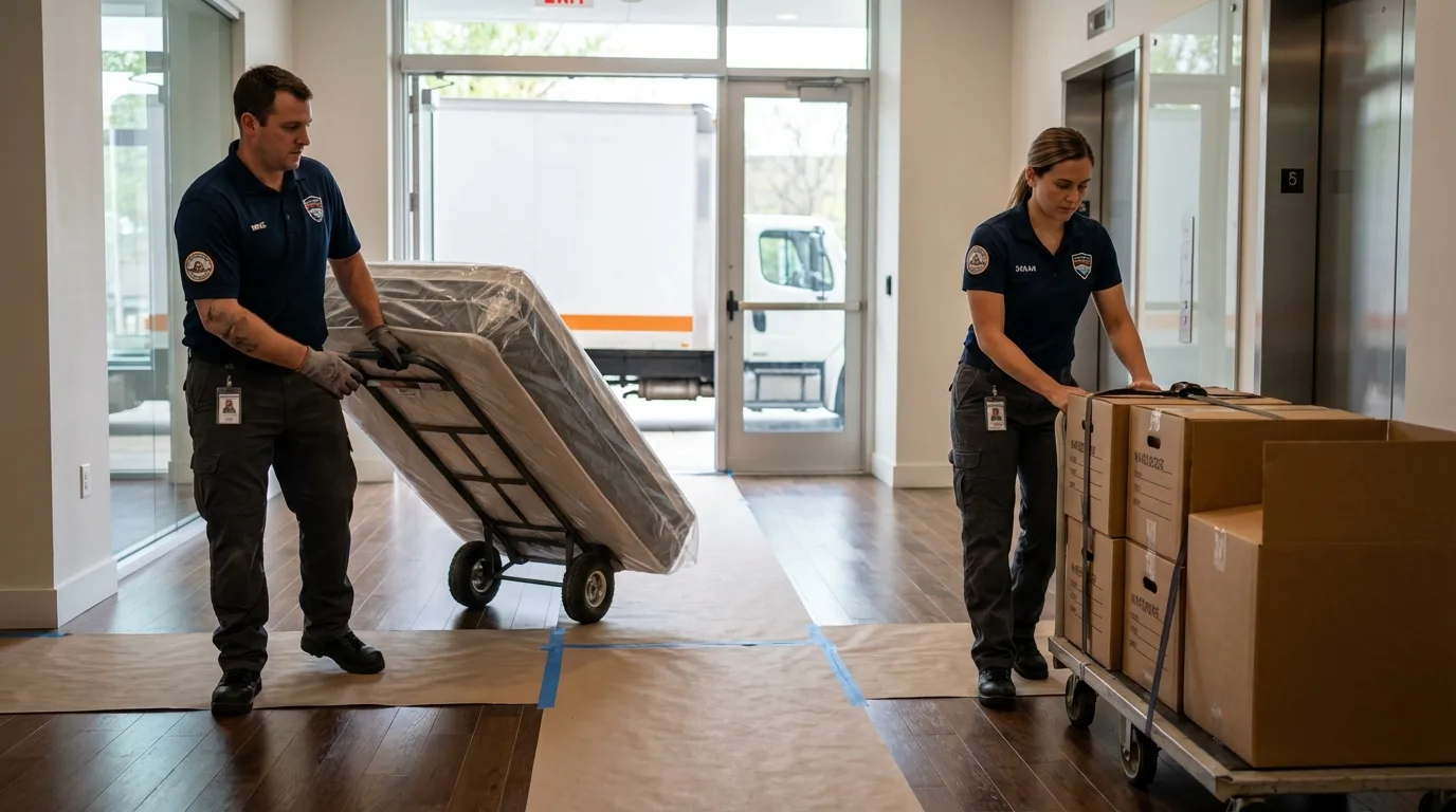 Professional apartment movers loading elevator in Willard, OH